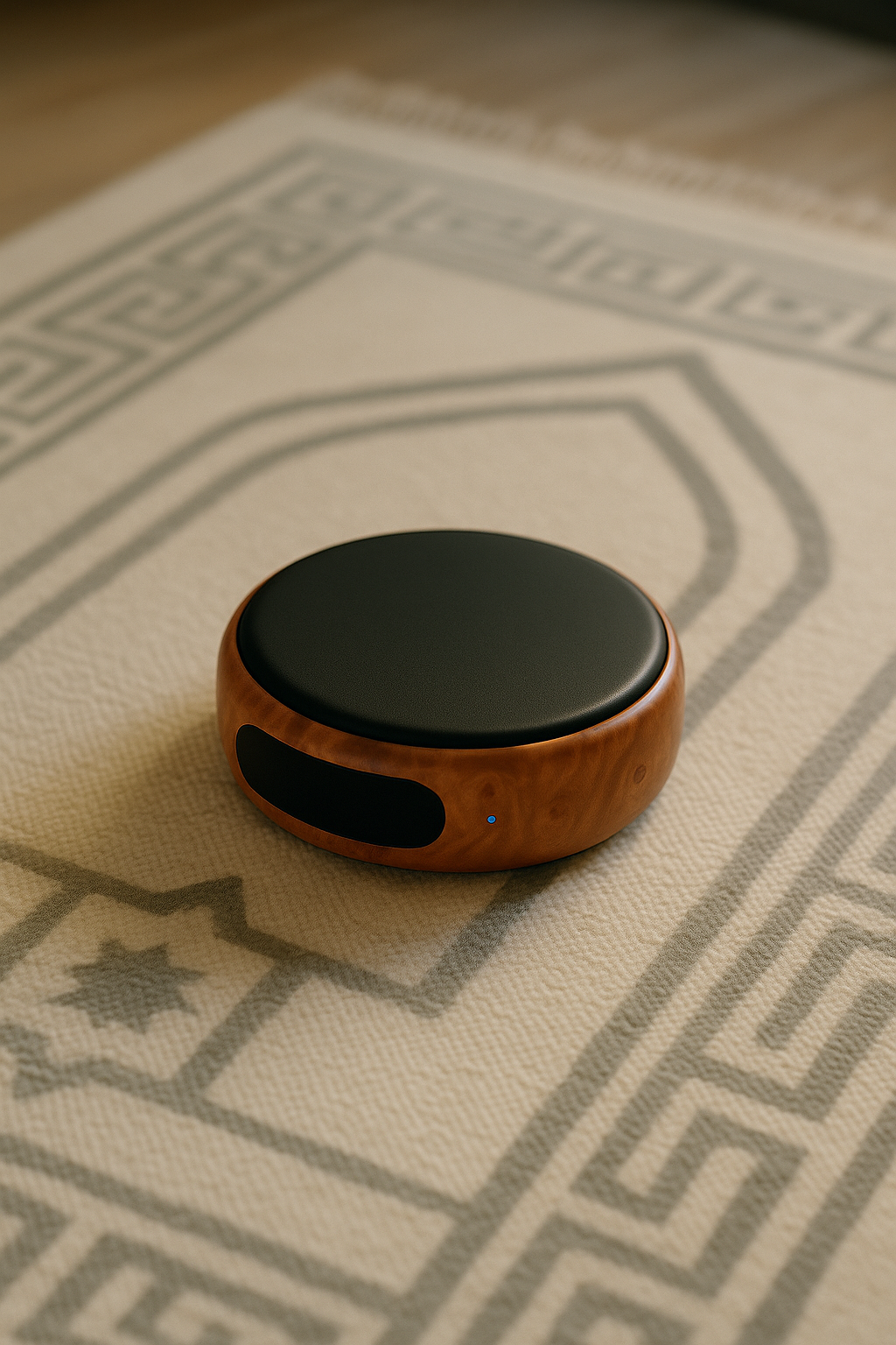 Lumen Core resting on a prayer mat in soft light